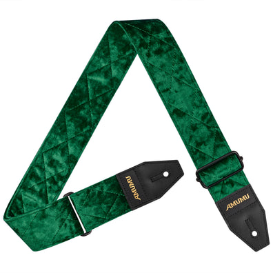AMUMU Velvet Deluxe Guitar Strap β Emerald Green Crystal Velvet with Top Grain Leather Ends, 2" Wide, Adjustable for Acoustic, Electric & Bass Guitars VL-LUX-EMG-R